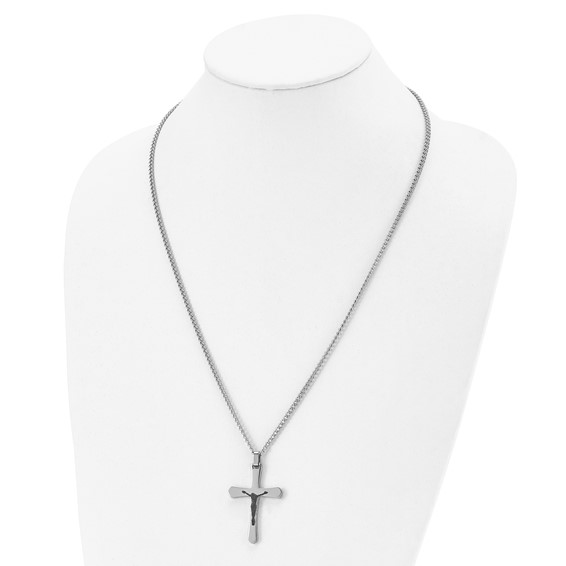 Chisel Stainless Steel Polished Black IP-plated Crucifix Pendant on a 24 inch Curb Chain Necklace
