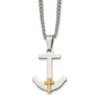 Chisel Stainless Steel Polished Necklace with 14K Gold and.02 Carat Diamond Anchor Mariner Cross Pendant on a Curb Chain, 24" view 1