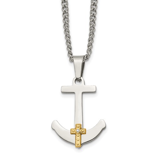 Chisel Stainless Steel Polished Necklace with 14K Gold and.02 Carat Diamond Anchor Mariner Cross Pendant on a Curb Chain, 24"