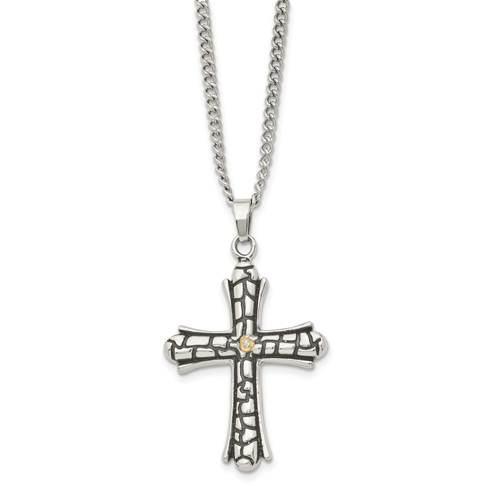 Stainless Steel Polished Black IP-plated w/CZ Cross 24in Necklace