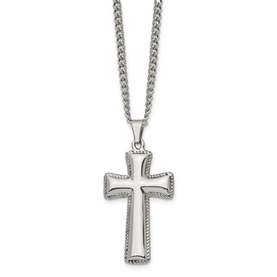Chisel Stainless Steel Polished Pillow Cross Pendnat on a 24 inch Curb Chain Necklace