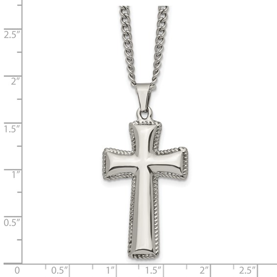Chisel Stainless Steel Polished Pillow Cross Pendnat on a 24 inch Curb Chain Necklace
