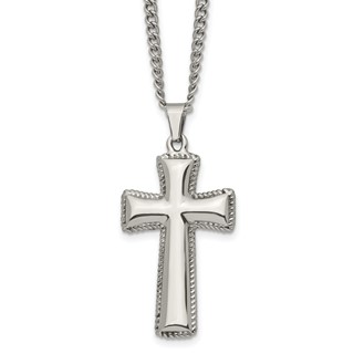 Chisel Stainless Steel Polished Pillow Cross Pendnat on a 24 inch Curb Chain Necklace