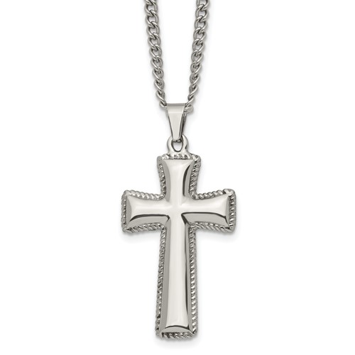 Chisel Stainless Steel Polished Pillow Cross Pendnat on a Curb Chain Necklace, 24"