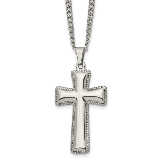 Chisel Stainless Steel Polished Pillow Cross Pendnat on a 24 inch Curb Chain Necklace