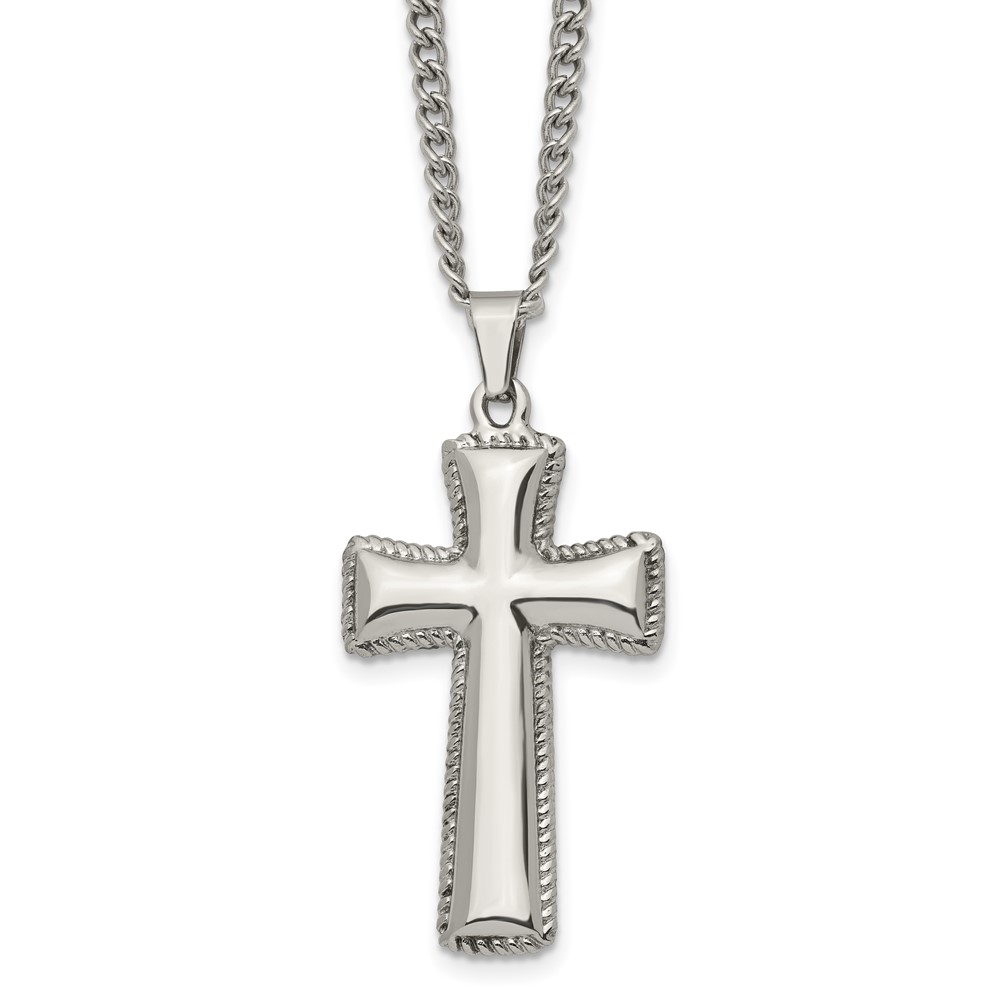 Stainless Steel Polished Pillow Cross 24in Necklace