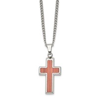 Stainless Steel Polished Necklace with Wood Inlay Cross, 24" view 3