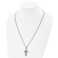 Stainless Steel Polished Necklace with Wood Inlay Cross, 24" view 4