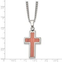 Stainless Steel Polished Necklace with Wood Inlay Cross, 24" view 5