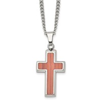 Stainless Steel Polished Necklace with Wood Inlay Cross, 24" view 1