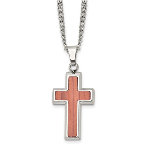 Stainless Steel Polished Necklace with Wood Inlay Cross, 24"