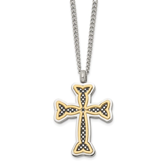 Chisel Stainless Steel Polished Black and Yellow IP-plated Cross 24in Necklace