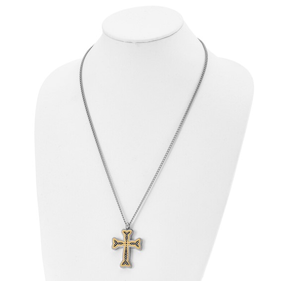 Chisel Stainless Steel Polished Black and Yellow IP-plated Cross 24in Necklace