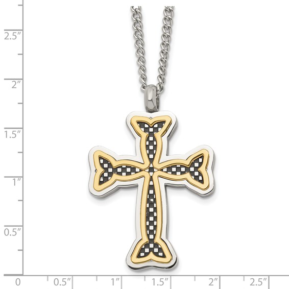 Chisel Stainless Steel Polished Black and Yellow IP-plated Cross 24in Necklace