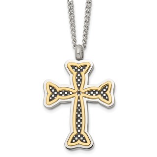 Chisel Stainless Steel Polished Black and Yellow IP-plated Cross 24in Necklace