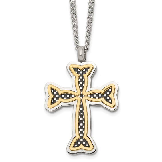 Chisel Stainless Steel Polished Black and Yellow IP-plated Cross 24in Necklace