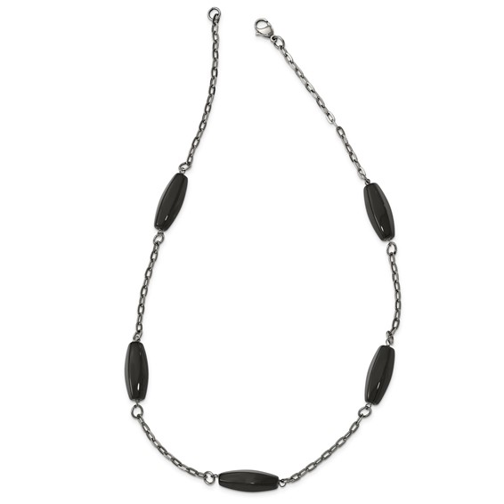 Stainless Steel Polished Black Agate Necklace