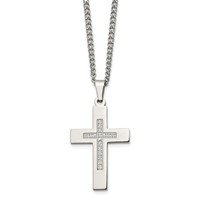 Chisel Stainless Steel Polished Necklace with CZ Cross Pendant on a Cable Chain, 24" view 3