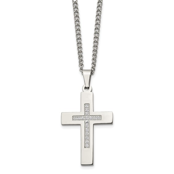 Chisel Stainless Steel Polished with CZ Cross Pendant on a 24 inch Cable Chain Necklace