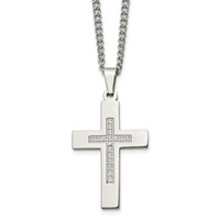 Chisel Stainless Steel Polished Necklace with CZ Cross Pendant on a Cable Chain, 24" view 1
