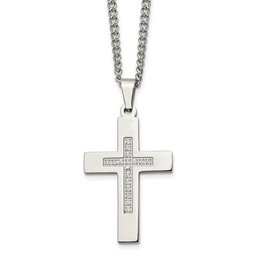 Chisel Stainless Steel Polished Necklace with CZ Cross Pendant on a Cable Chain, 24"