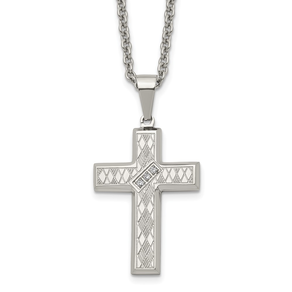 Stainless Steel Polished & Textured w/CZ Cross 20in Necklace
