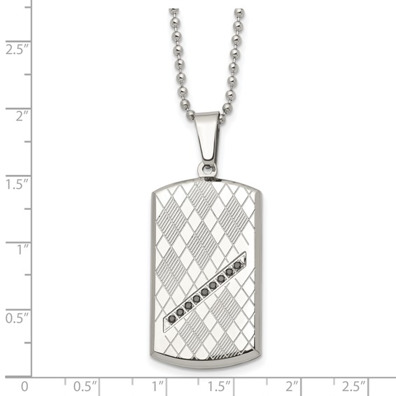 Stainless Steel 22in Polished & Textured w/Black CZ Dog Tag Necklace
