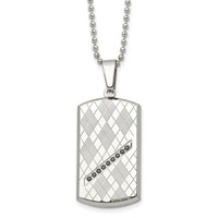 Stainless Steel Polished & Textured Necklace with Black CZ Dog Tag, 22" view 1