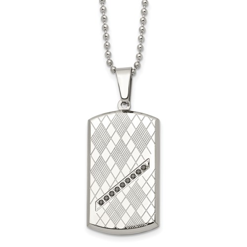Stainless Steel Polished & Textured Necklace with Black CZ Dog Tag, 22"
