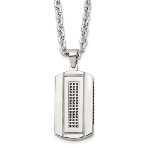Chisel Stainless Steel Brushed and Polished Black IP-plated Necklace with Black CZ Dog Tag on a Cable Chain, 24"