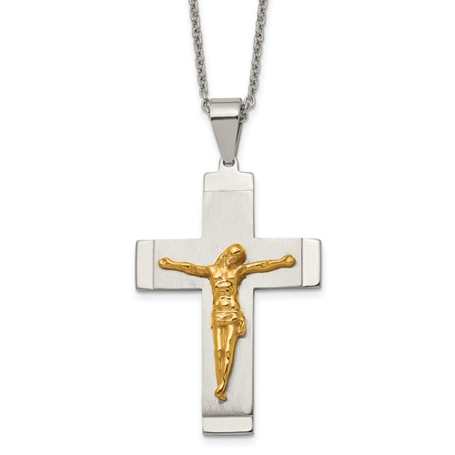 Chisel Stainless Steel Brushed and Polished Yellow IP-plated Crucifix Pendant on a Curb Chain Necklace, 20"