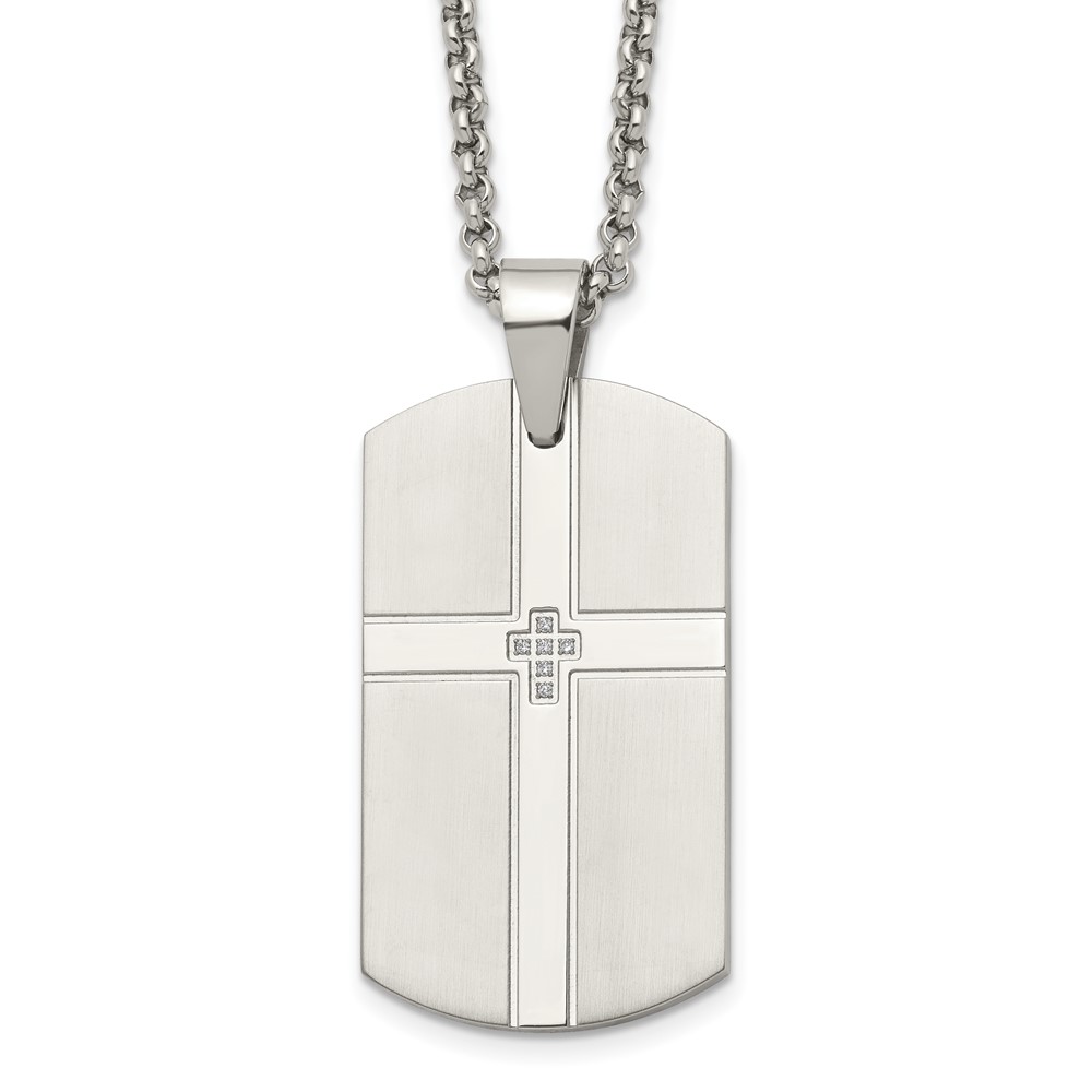 Stainless Steel Brushed and Polished w/ CZ Cross Dog Tag 22in Necklace
