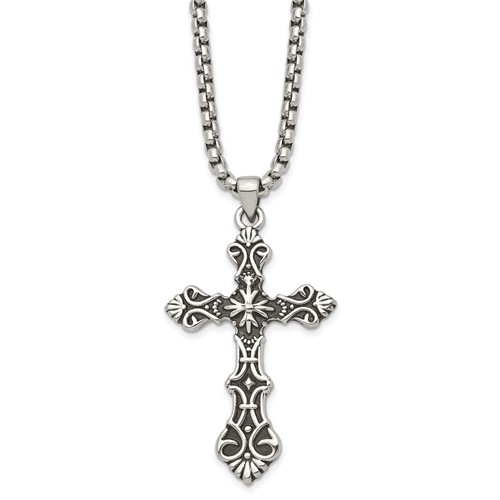 Stainless Steel Antiqued Polished and Textured Cross Necklace, 24"