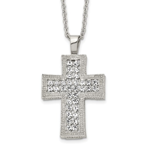 Stainless Steel Polished Necklace with Crystal Cross, 24"