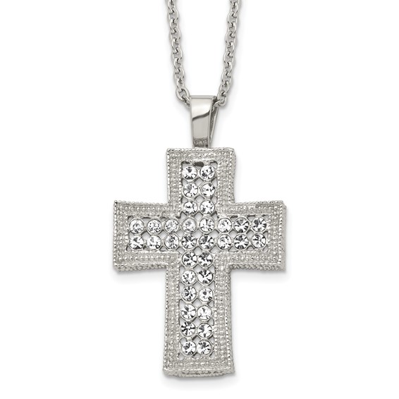 Stainless Steel Polished w/Crystal Cross 24in Necklace