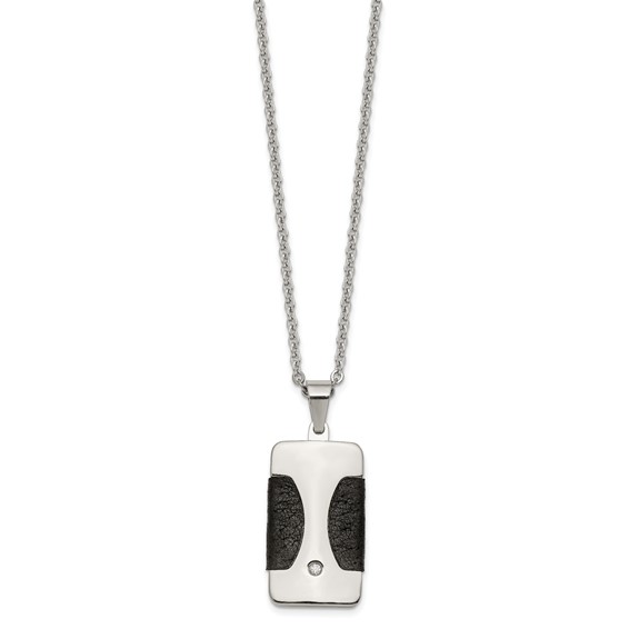 Stainless Steel Polished w/ CZ & Leather Reversible Inlay 22in Necklace