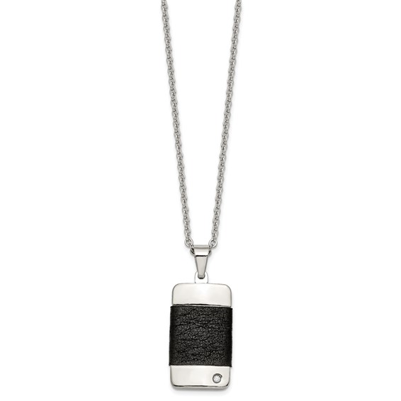 Stainless Steel Polished w/ CZ & Leather Reversible Inlay 22in Necklace