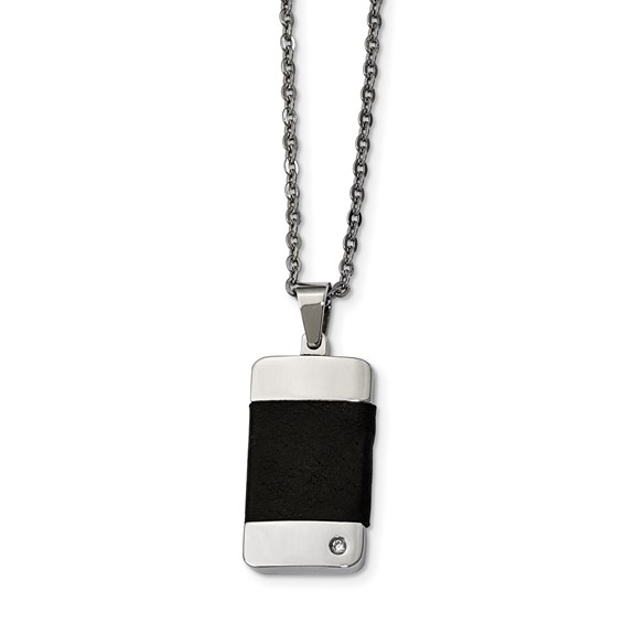 Stainless Steel Polished w/ CZ & Leather Reversible Inlay 22in Necklace
