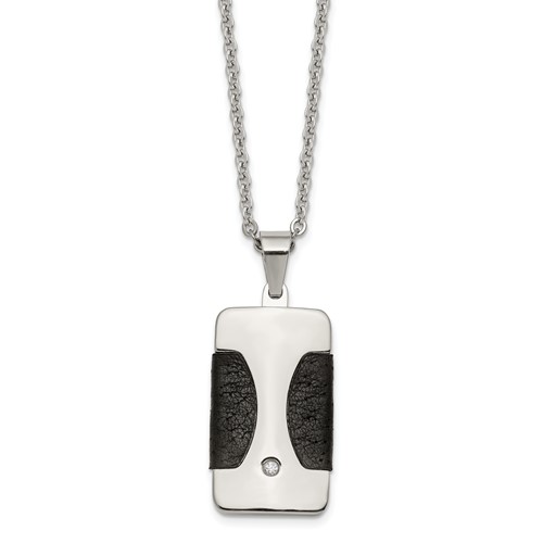 Stainless Steel Polished Necklace with CZ & Leather Reversible Inlay, 22"