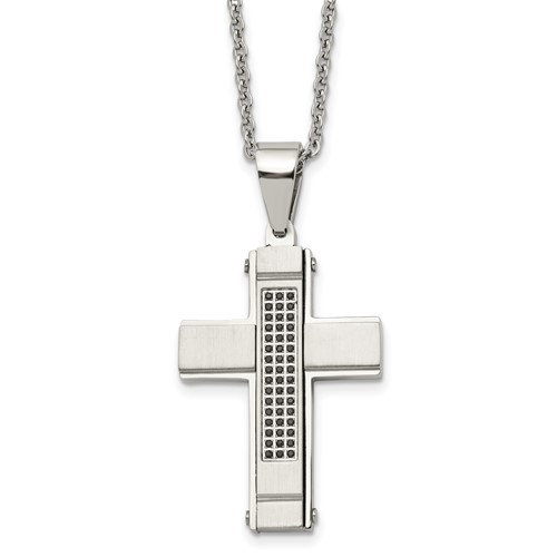 Stainless Steel Brushed and Polished Necklace with Black CZ Cross, 24"