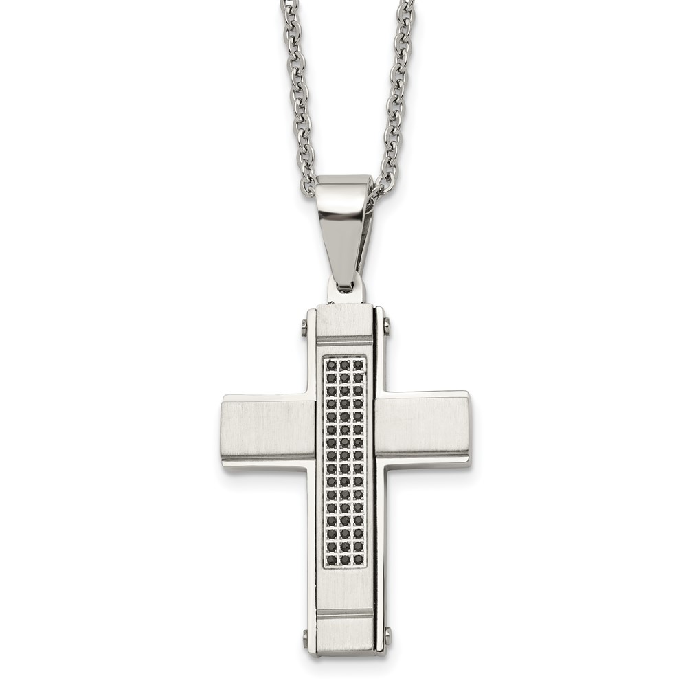 Stainless Steel Brushed and Polished w/Black CZ Cross 24in Necklace