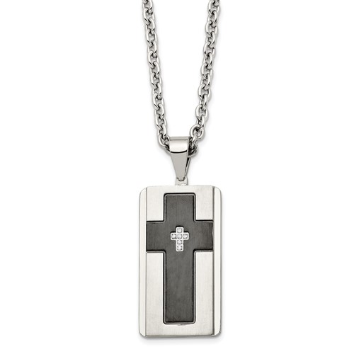 Stainless Steel Brushed & Polished Black IP-plated Necklace with CZ Cross