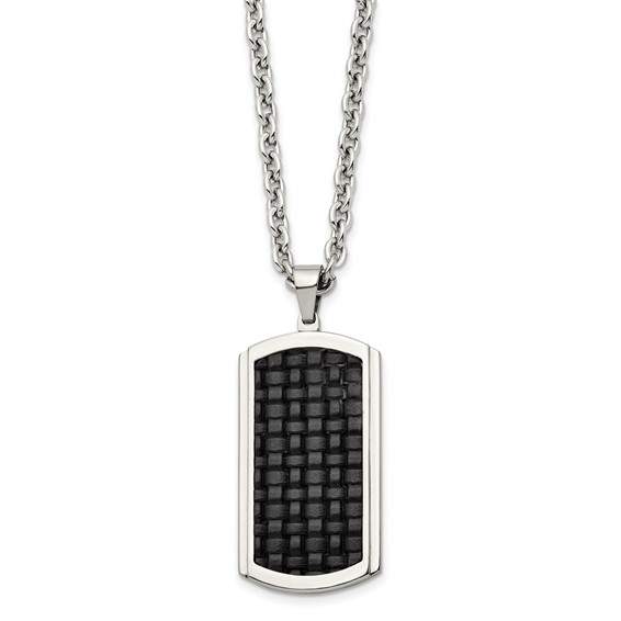 Stainless Steel Polished & Textured Leather Inlay Dog Tag 24in Necklace