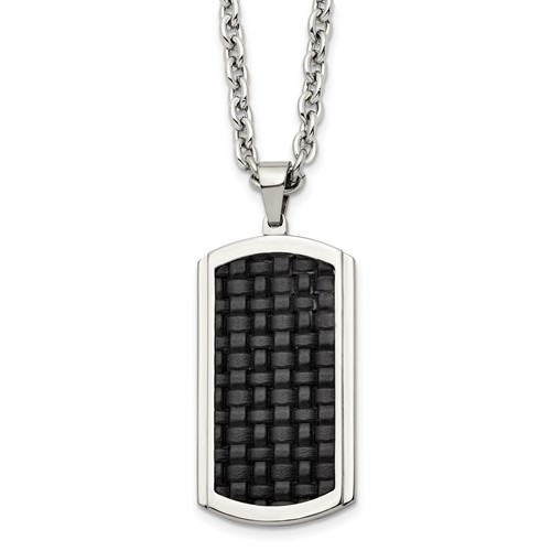 Stainless Steel Polished & Textured Leather Inlay Dog Tag Necklace, 24"