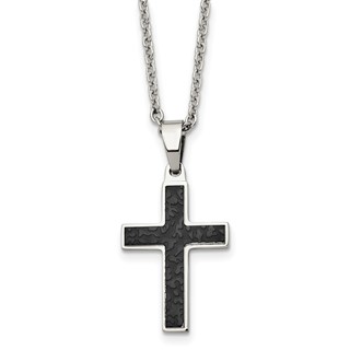 Chisel Stainless Steel Polished and Textured Black IP-plated Cross Pendant on a 24 inch Cable Chain Necklace