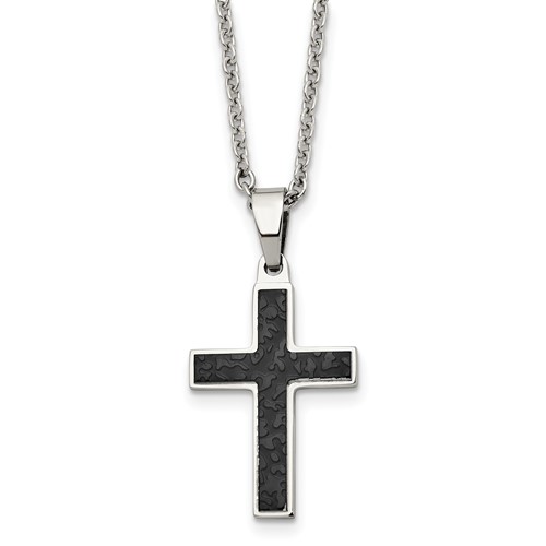 Chisel Stainless Steel Polished and Textured Black IP-plated Cross Pendant on a Cable Chain Necklace, 24"