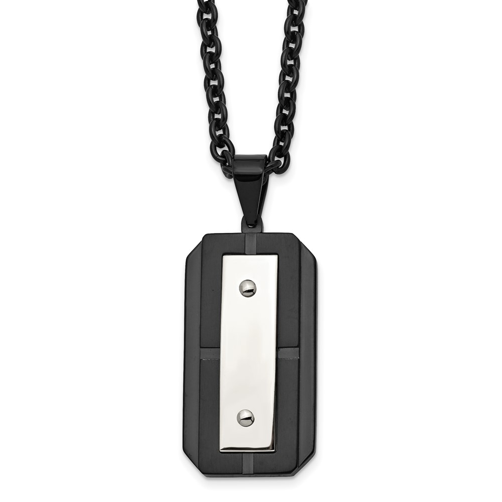 Stainless Steel Brushed and Polished Black IP-plated Dog Tag 24in Necklace