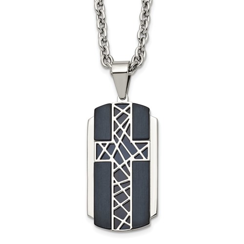 Stainless Steel Brushed and Polished Black IP-plated Cross Necklace, 24"