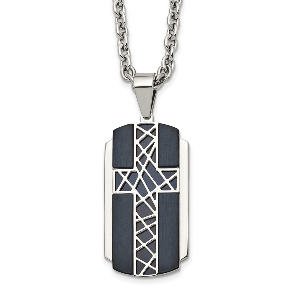 Stainless Steel Brushed and Polished Black IP-plated Cross 24in Necklace