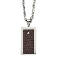 Stainless Steel Brushed & Polished Reversible Necklace with Brown Leather view 1